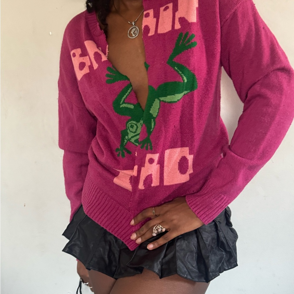Brain Dead Pink Cardigan with Green Frog Graphic